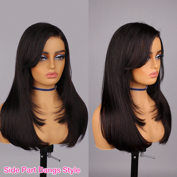 Curtain Bangs 13x4 HD Lace Wig Butterfly Layered Straight Human Hair Wigs With Adjustable Strap