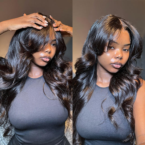 Curtain Bangs 8X5 Pre Cut HD Lace Wig Butterfly Cut Body Wave Glueless Human Hair Wigs with Adjustable Strap