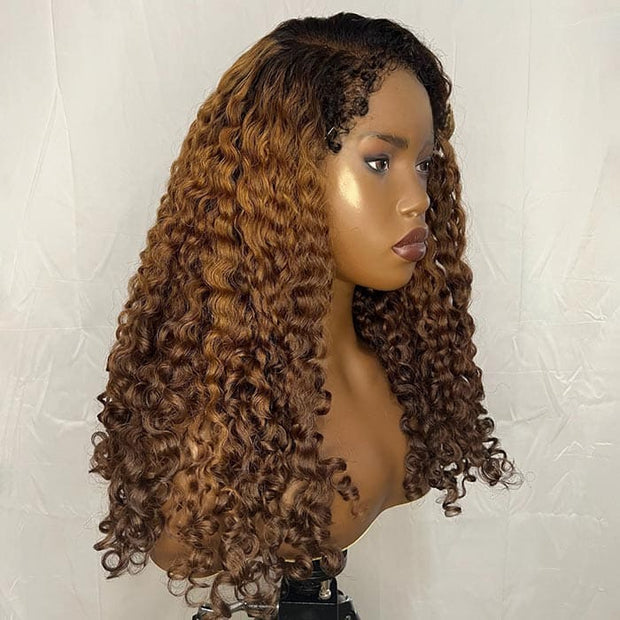 280% Ombre Brown Designed Coily Curl 4C Edges Lace Wig With Dark Roots Realistic And Natural Human Hair Wig For Black Women