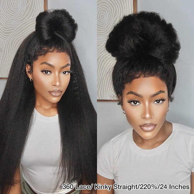 New Hidden Strap 360 Lace Frontal Wigs Kinky Straight HD Lace Front Human Hair Wigs Pre Plucked Pre Bleached Natural Around Kinky Edges