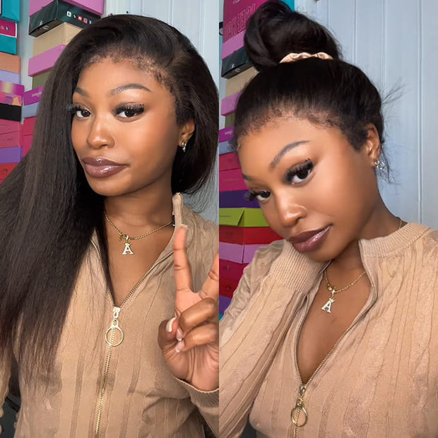 New Hidden Strap 360 Lace Frontal Wigs Kinky Straight HD Lace Front Human Hair Wigs Pre Plucked Pre Bleached Natural Around Kinky Edges