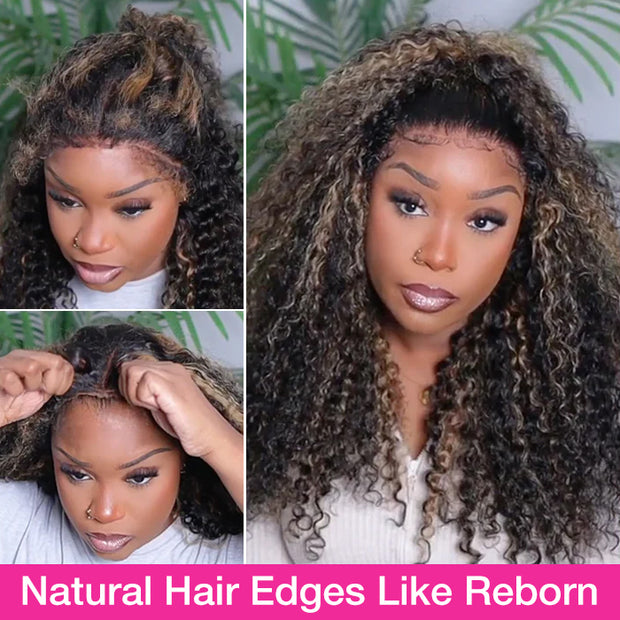 4c Edges Hairline #1B/27 Highlight Culry Human Hair Lace Wig Effortless Kinky Culry Edges 13X4 Undetectable HD Lace Front Wig
