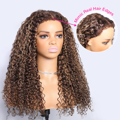 Glueless 4c Edge Blonde Highlight Curly Human Hair Lace Wig Natural Kinky Curly Edges Undetectable HD Lace Front Wig
