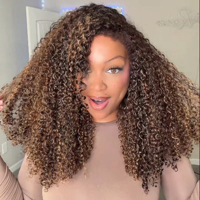 Glueless Balayage Highlight 4C Edges Curly Wig 13x6 Full HD Lace Pre Plucked Realistic Hairline Human Hair Wig