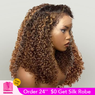 Glueless 4c Edge Blonde Highlight Curly Human Hair Lace Wig Natural Kinky Curly Edges Undetectable HD Lace Front Wig