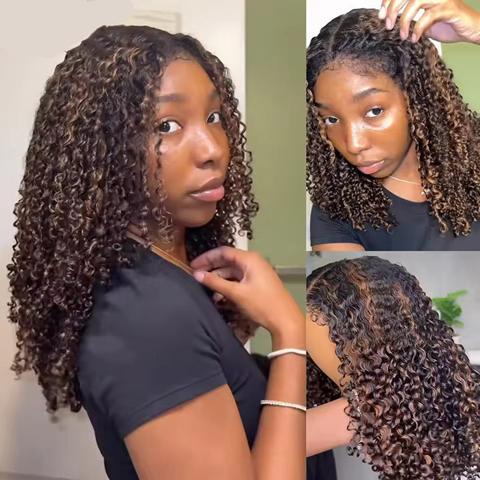 Glueless Balayage Highlight 4C Edges Curly Wig 13x6 Full HD Lace Pre Plucked Realistic Hairline Human Hair Wig