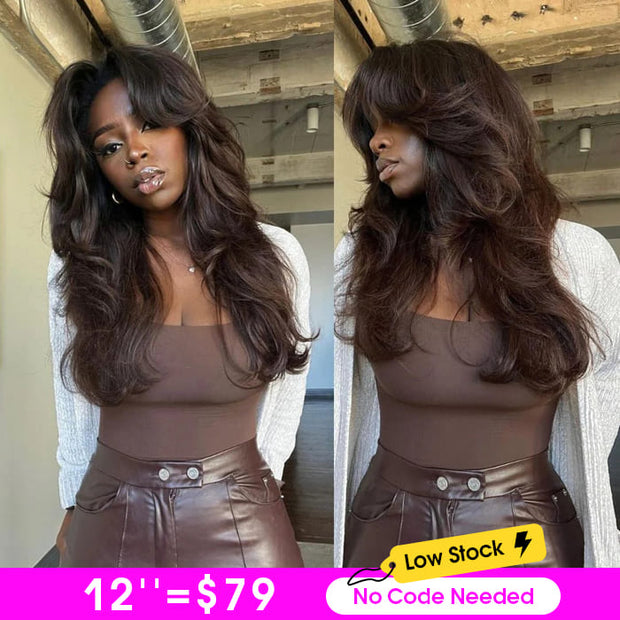 Glueless Curtain Bangs Rich Brown Body Wave Human Hair Wig 13x4/8x5 Pre Cut HD Lace Human Hair Wig Flash Sale