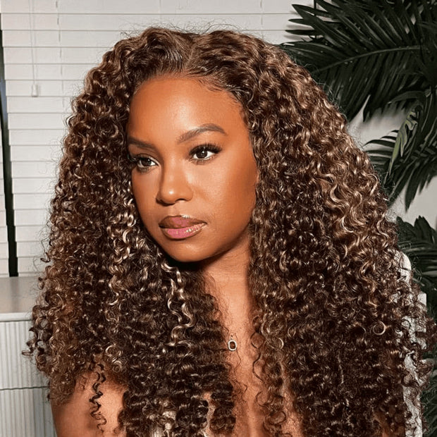 Glueless 4c Edge Blonde Highlight Curly Human Hair Lace Wig Natural Kinky Curly Edges Undetectable HD Lace Front Wig