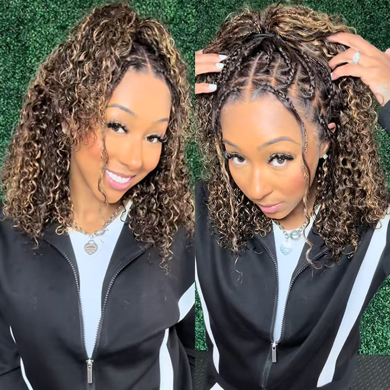 Knotless Boho Braided Blonde Highlight Loose Curl 13X6 Full HD Lace Front Wig Flexi Fit Drawstring Cap Human Hair Wig