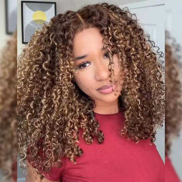 Glueless 4c Edge Blonde Highlight Curly Human Hair Lace Wig Natural Kinky Curly Edges Undetectable HD Lace Front Wig