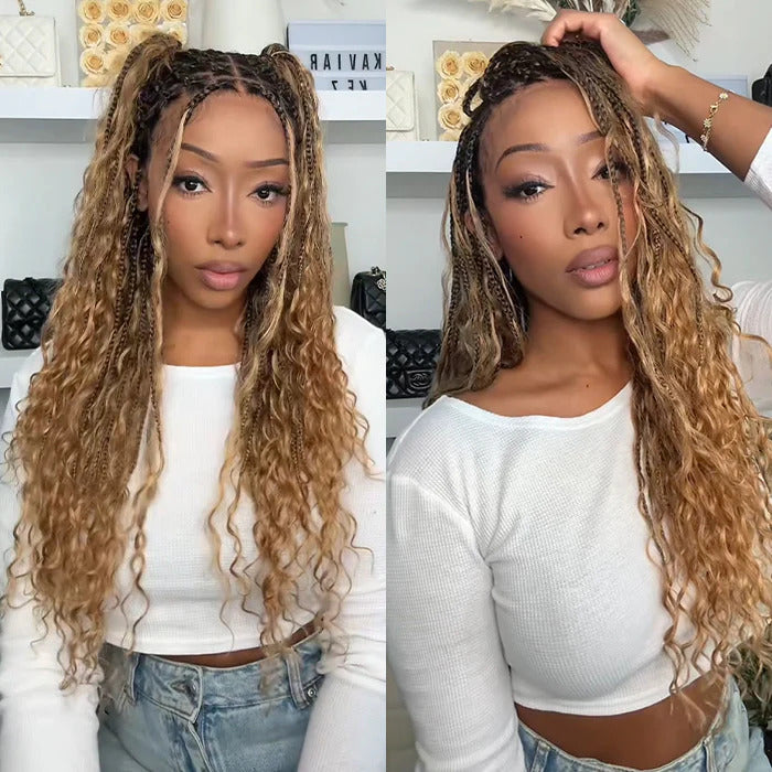 Glueless Boho Braided Ombre Honey Blonde With Dark Root Water Wave 13X6 Full HD Lace Front Wig Pull Go Drawstring Cap Human Hair Wig