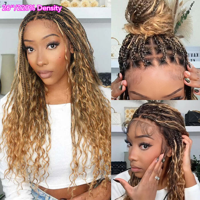 Glueless Boho Braided Ombre Honey Blonde With Dark Root Water Wave 13X6 Full HD Lace Front Wig Pull Go Drawstring Cap Human Hair Wig