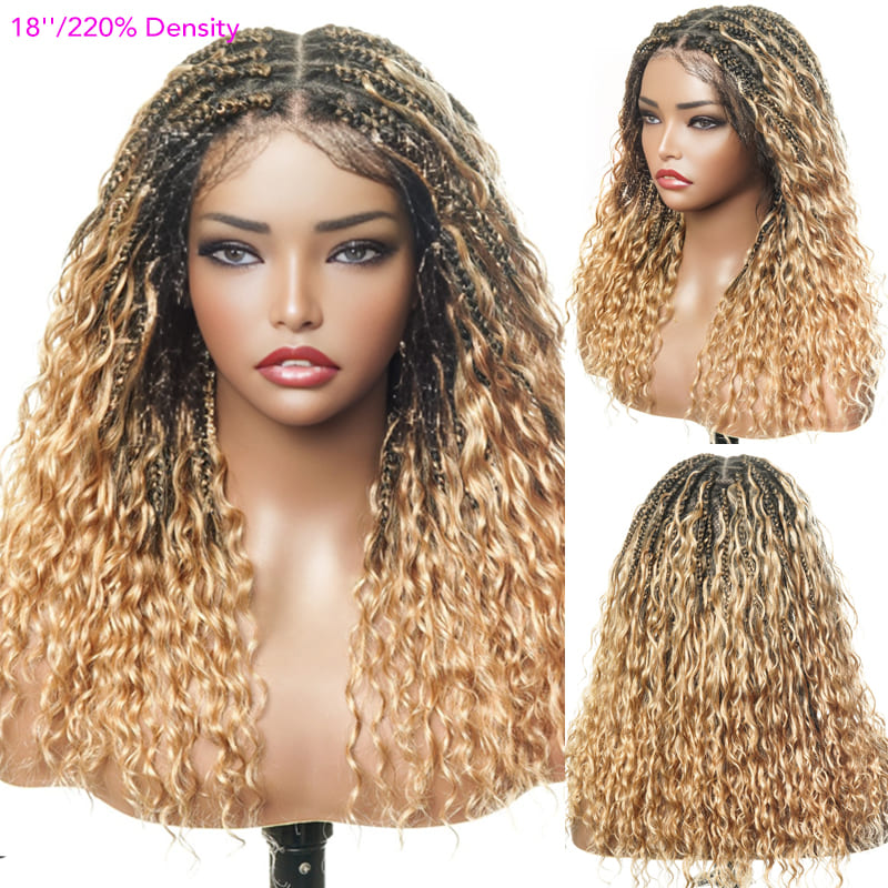 Glueless Boho Braided Ombre Honey Blonde With Dark Root Water Wave 13X6 Full HD Lace Front Wig Pull Go Drawstring Cap Human Hair Wig