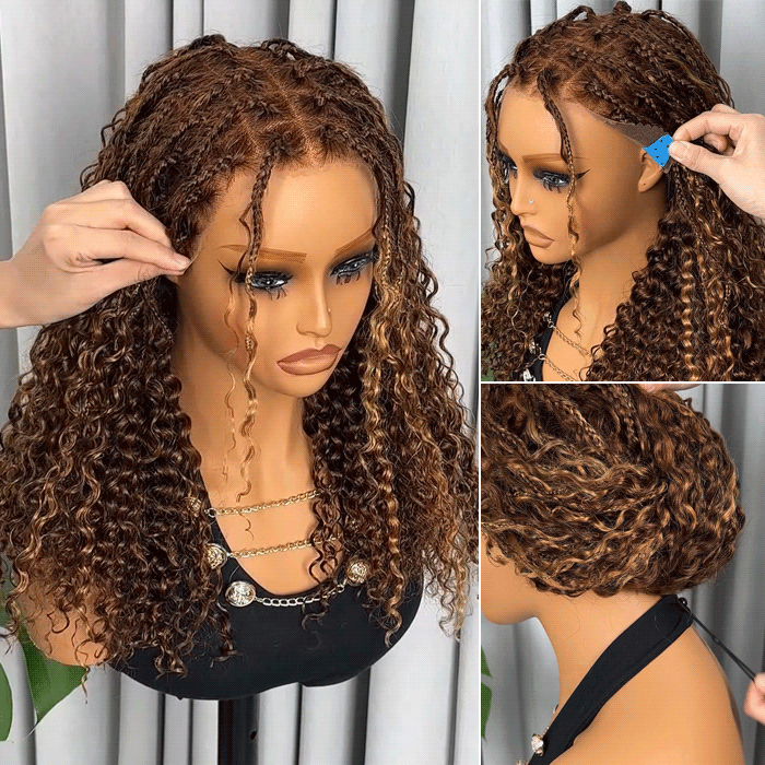 Knotless Boho Braided Blonde Highlight Loose Curl 13X6 Full HD Lace Front Wig Flexi Fit Drawstring Cap Human Hair Wig