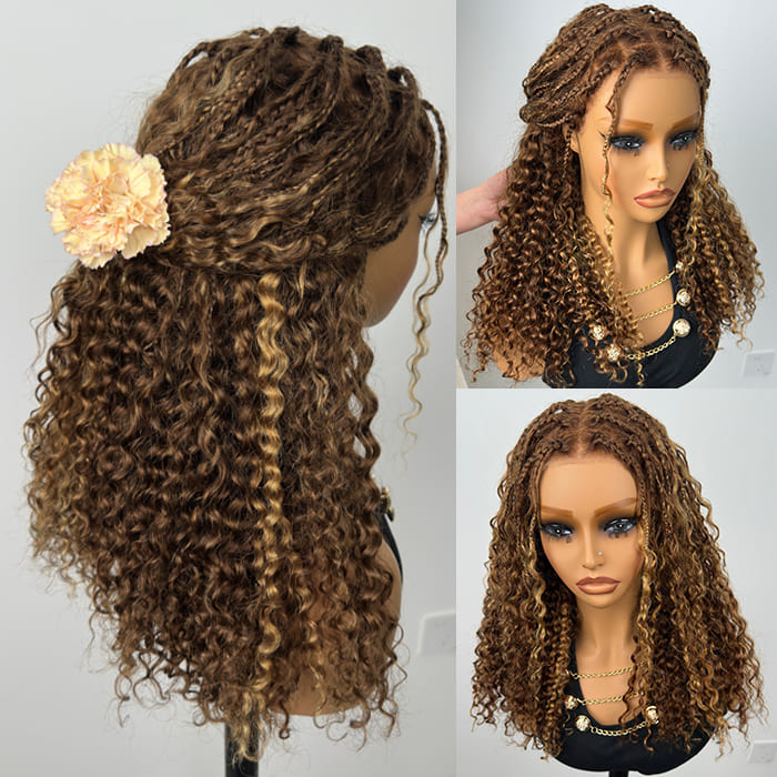 Knotless Boho Braided Blonde Highlight Loose Curl 13X6 Full HD Lace Front Wig Flexi Fit Drawstring Cap Human Hair Wig