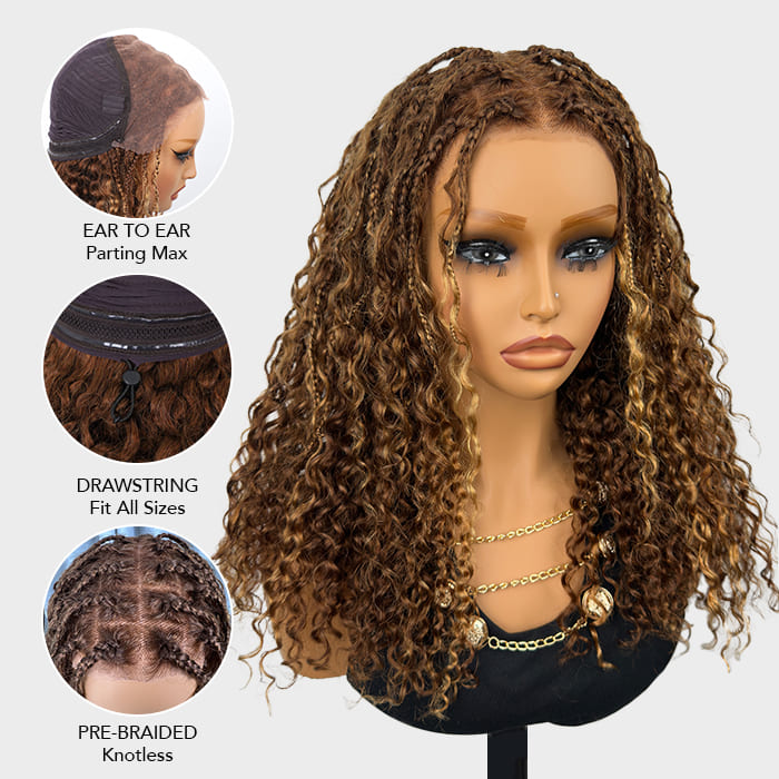 Knotless Boho Braided Blonde Highlight Loose Curl 13X6 Full HD Lace Front Wig Flexi Fit Drawstring Cap Human Hair Wig
