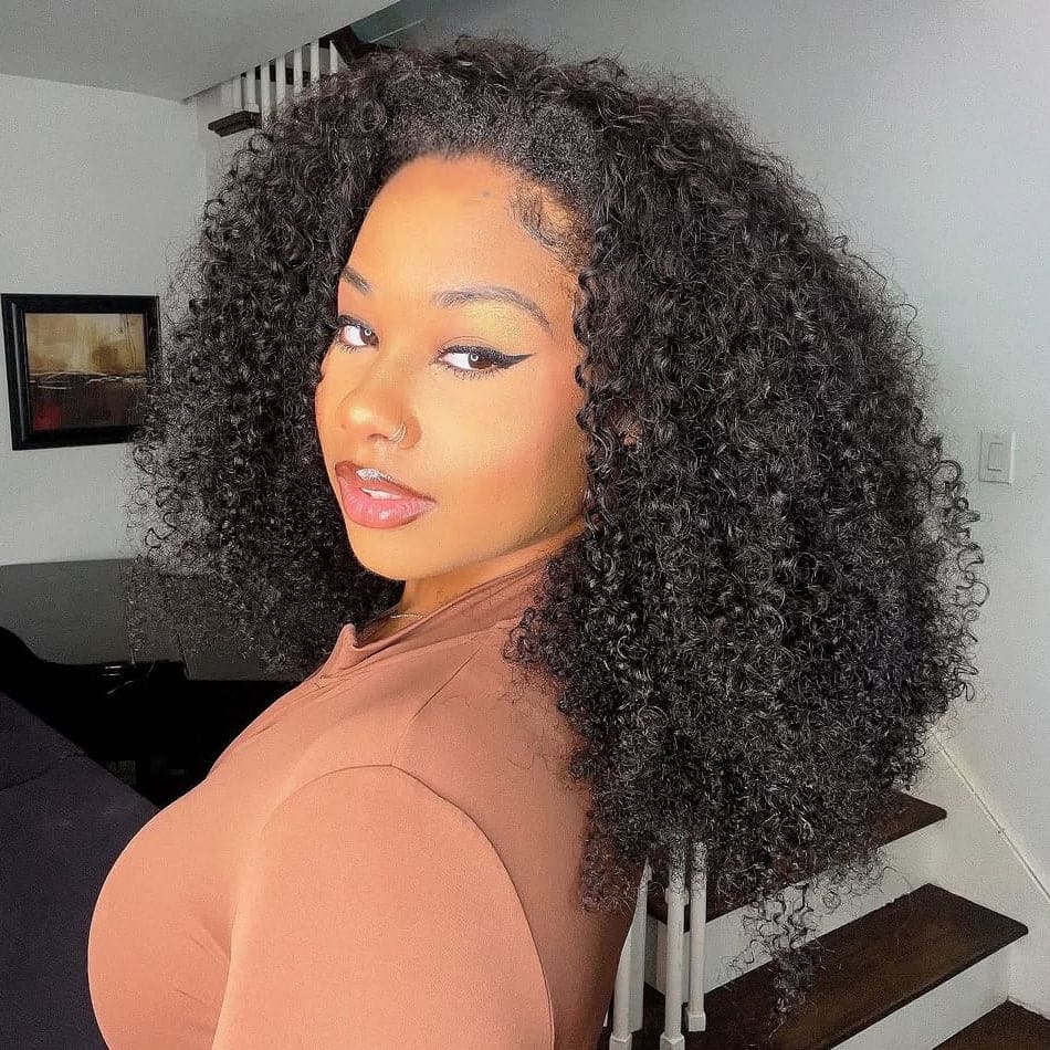 Glueless Kinky Curly Half Wig Elastic Drawstring Fit All Sizes Put On & Go Human Hair Wig