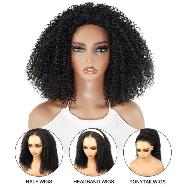 Glueless Kinky Curly Half Wig Elastic Drawstring Fit All Sizes Put On & Go Human Hair Wig