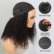 Glueless Kinky Curly Half Wig Elastic Drawstring Fit All Sizes Put On & Go Human Hair Wig