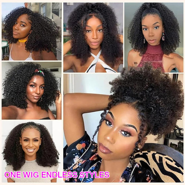 Glueless Kinky Curly Half Wig Elastic Drawstring Fit All Sizes Put On & Go Human Hair Wig
