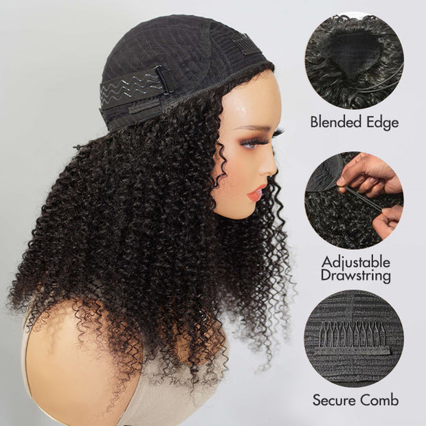 Glueless Kinky Curly Half Wig Elastic Drawstring Fit All Sizes Put On & Go Human Hair Wig