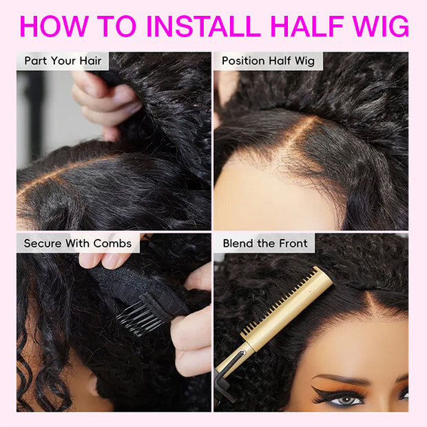 Glueless Kinky Curly Half Wig Elastic Drawstring Fit All Sizes Put On & Go Human Hair Wig