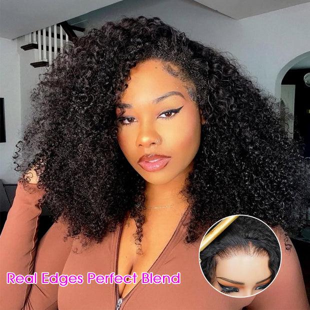 Glueless Kinky Curly Half Wig Elastic Drawstring Fit All Sizes Put On & Go Human Hair Wig