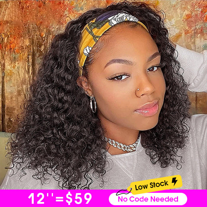 220% Density Curly Human Hair Headband Wig Glueless Full Machine Made Wig