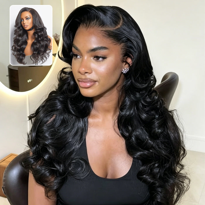 Pull And Go 13x6 HD Lace Frontal Glueless Wig With Adjustable Drawstring Pre Plucked Pre Bleached Body Wave Human Hair Wig