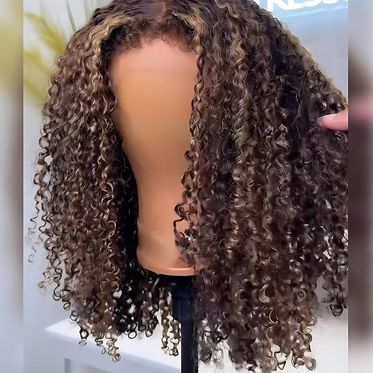 Glueless Balayage Highlight 4C Edges Curly Wig 13x6 Full HD Lace Pre Plucked Realistic Hairline Human Hair Wig