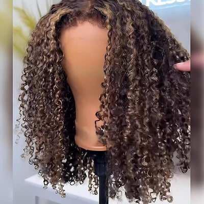 Glueless Balayage Highlight 4C Edges Curly Wig 13x6 Full HD Lace Pre Plucked Realistic Hairline Human Hair Wig