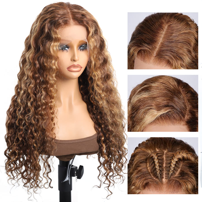 P4/27 Honey Blonde Highlight Water Wave Human Hair Wig