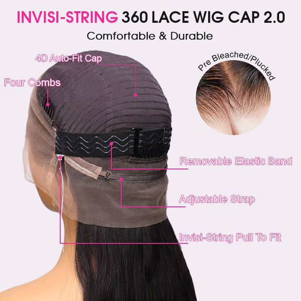 4C Edges Glueless 360 Lace Frontal Wigs With Hidden Elastic Strap kinky Straight or Curly Affordable Snug Fit Human Hair Wigs