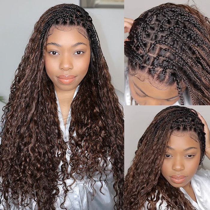 Pull And Go Knotless Boho Braided Ombre Brown Curly 13X6 Full HD Lace Front Wig Flexi Fit Drawstring Cap Human Hair Wig