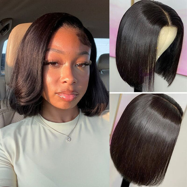 220% Density 10 Inch Short Straight Bob Lace Closure Wig Pre Plucked Pre Bleached Human Hair Wig For Black Women