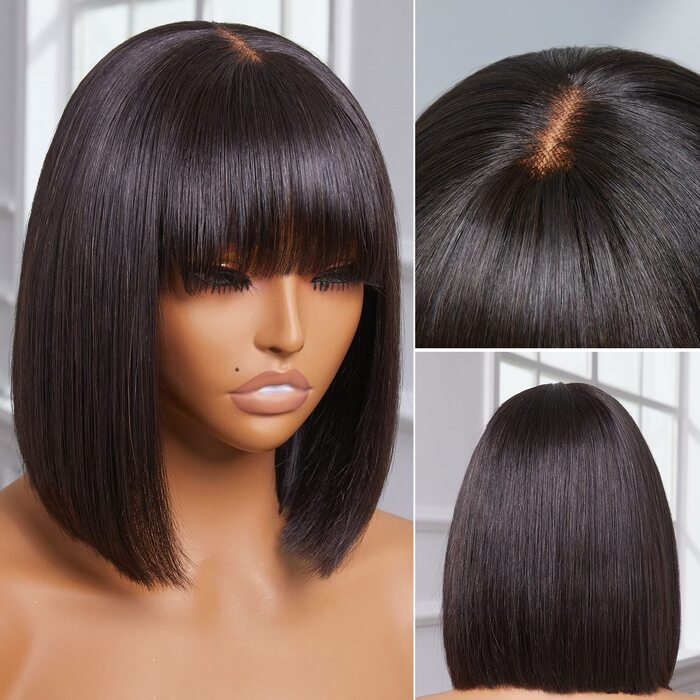 Glueless Straight BOB Wig With Bangs 1x2.75 Natural Top Scalp HD Lace Human Hair Wigs 220% Density