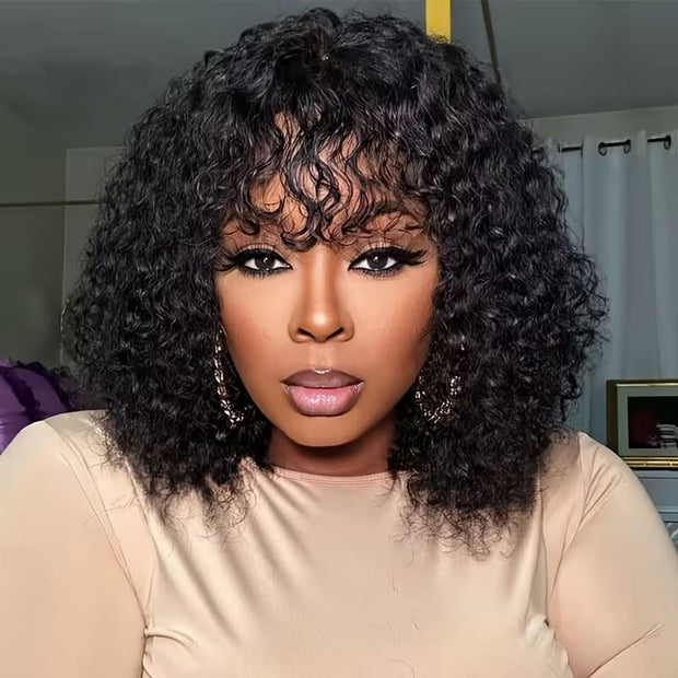 Glueless Curly Human Hair Wig With Bangs Full Machine Made Wig