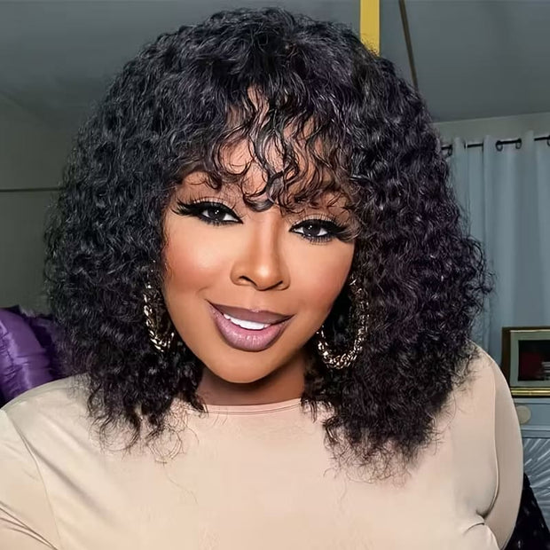 Glueless Curly Human Hair Wig With Bangs Full Machine Made Wig