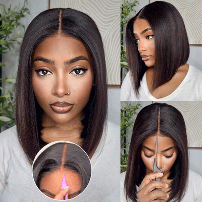 Pull Go Glueless Yaki Straight Bob HD Lace Wig With Drawstring Cap 220% Density Pre Cut Lace Human Hair Wig