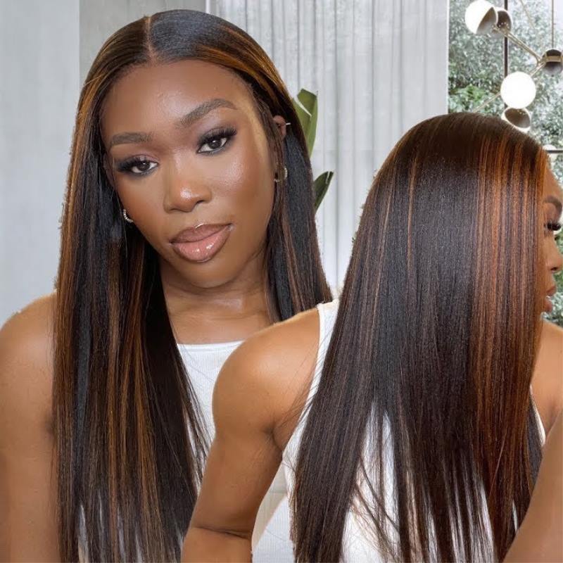 Clearance Highlight Yaki Straight Human Hair Wig Pre Bleached Tiny Knots Glueless HD Lace Front Wig