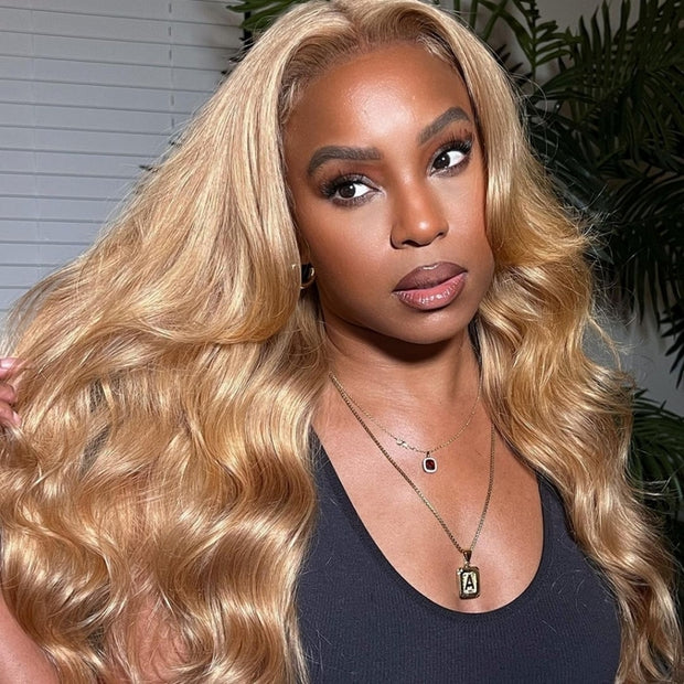 Curtain Bangs Honey Blonde Body Wave Human Hair Wig 13x4/5x5 HD Lace Closure Human Hair Wig