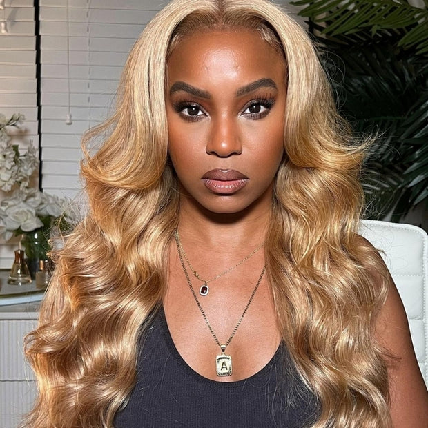 Curtain Bangs Honey Blonde Body Wave Human Hair Wig 13x4/5x5 HD Lace Closure Human Hair Wig