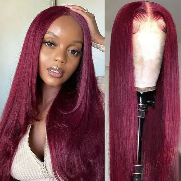 Hot Burgundy Color HD Lace Frontal Wigs 99J Colored Pre-Plucked Remy Human Hair Wigs 180% Density