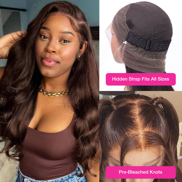 Upgrade Glueless Brown 360 Lace Frontal Wigs With Hidden Strap Ready & Go Affordable Human Hair Wigs 220% Density