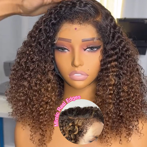 4c Edges Ombre Brown Culry Human Hair Lace Wig Natural Kinky Culry Edges Undetectable HD Lace Front Wig
