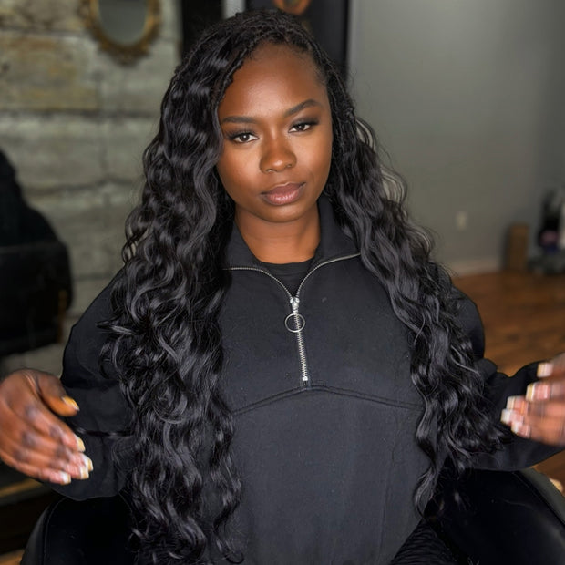 Pre All Glueless Loose Curls 13X6 Full Lace Wig With Hand-made Boho Style Braided Parting Pre-Bleached /Pre-Plucked High Quality Human Hair Wig