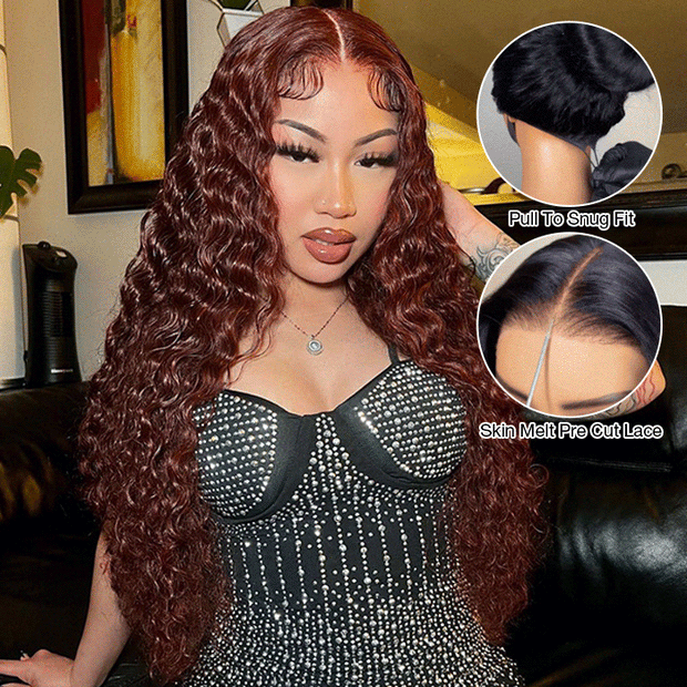 Pull Go Reddish Brown 33# Color Human Hair Water Wave Wig With Adjustable Drawstring Lace Front Wigs Pre-Plucked Hot Color Wigs