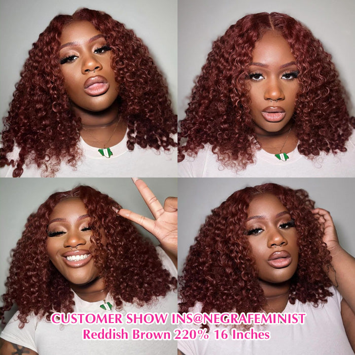 220% Reddish Brown Glueless Deep Curly Pre-cut HD Lace Wig Upgrade 8X5 Lace Short Layered Cut Bouncy And Fluffy Curly Wig