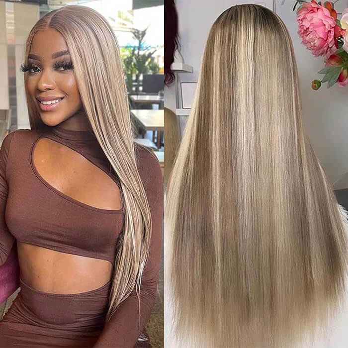 #P18/613 Ash Blonde Highlight Blonde HD Lace Front Human Hair Wigs Straight Hair Wig For Women