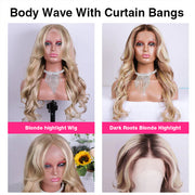 Cynosure Curtain Bangs Glueless Ash Blonde Highlights Wig #18613 Human Hair Wigs With Dark Roots 14 Inch To 28 Inch
